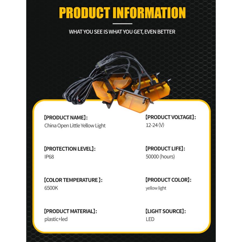 Trapezoid model source specification graphic listing 12-24V, IP68, 6500K, yellow light, plastic plus LED, and 50,000-hour life reference.