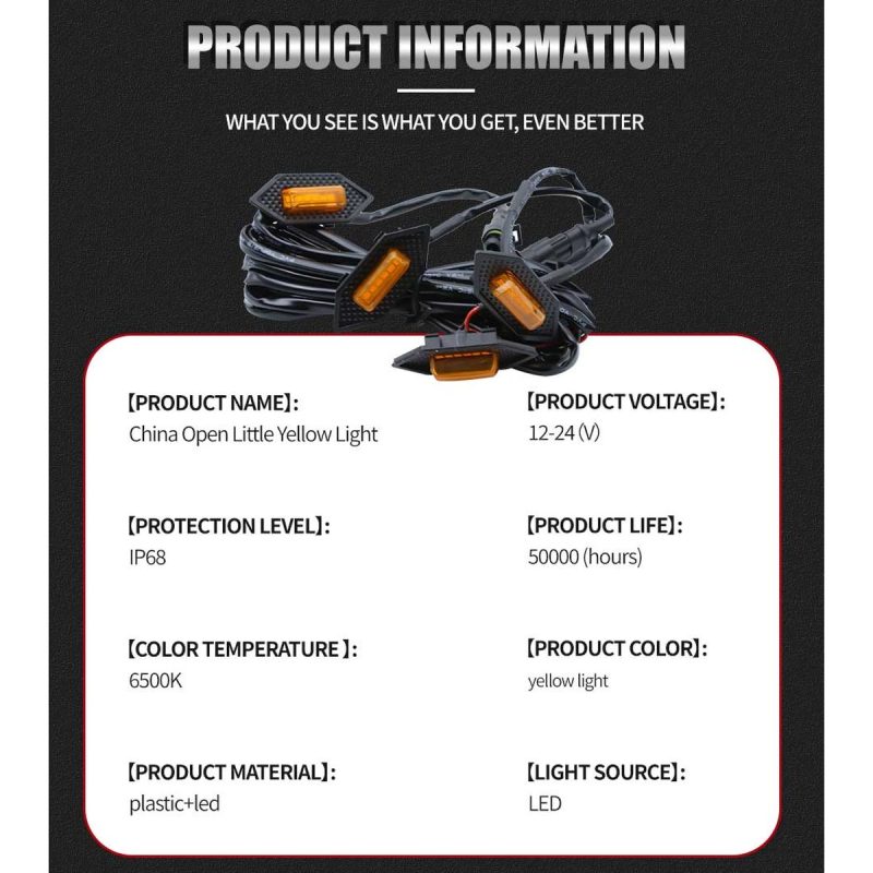 Triangle model source specification graphic listing 12-24V, IP68, 6500K, yellow light, plastic plus LED, and 50,000-hour life reference.