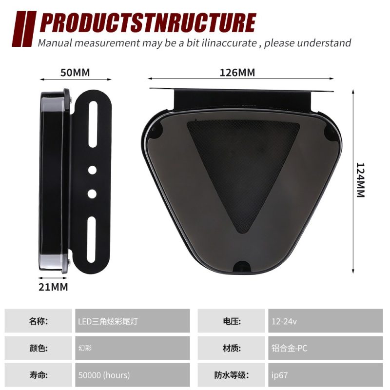 Triangle Colorful Led Rear Fog Warning Tail Light Dimensions Specs Source specification graphic showing 126mm face width, 124mm height, 50mm side depth reference, 21mm body thickness, 12-24V, material, life, and IP67