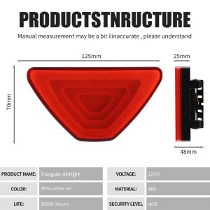 Triangular Pilot Led Rear Marker Light Wide Structure Specs Source structure image showing 125 x 70 x 25 mm side reference, 12V, ABS, and IP68 references.