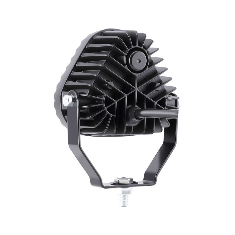 Rear heat-sink view of triangular three-lens LED work light
