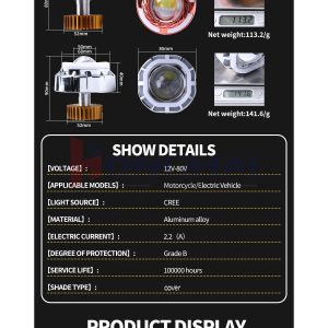 Two Color Angel Devil Eye Led Projector Lens Dimensions Parameters Source parameter chart showing 12V-80V, motorcycle/electric-vehicle application, CREE wording, aluminum alloy material, Grade B protection wording, an