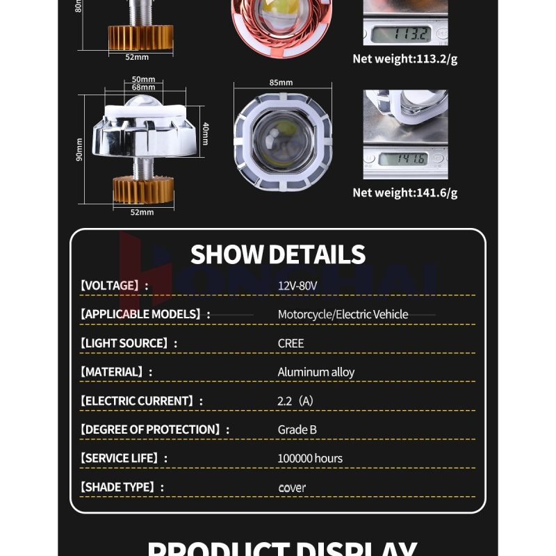 Two Color Angel Devil Eye Led Projector Lens Dimensions Parameters Source parameter chart showing 12V-80V, motorcycle/electric-vehicle application, CREE wording, aluminum alloy material, Grade B protection wording, an