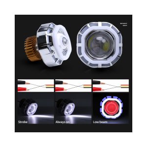 Two Color Angel Devil Eye Led Projector Lens Lighting Functions Source function graphic showing strobe, always-on, low-beam, and wiring references.