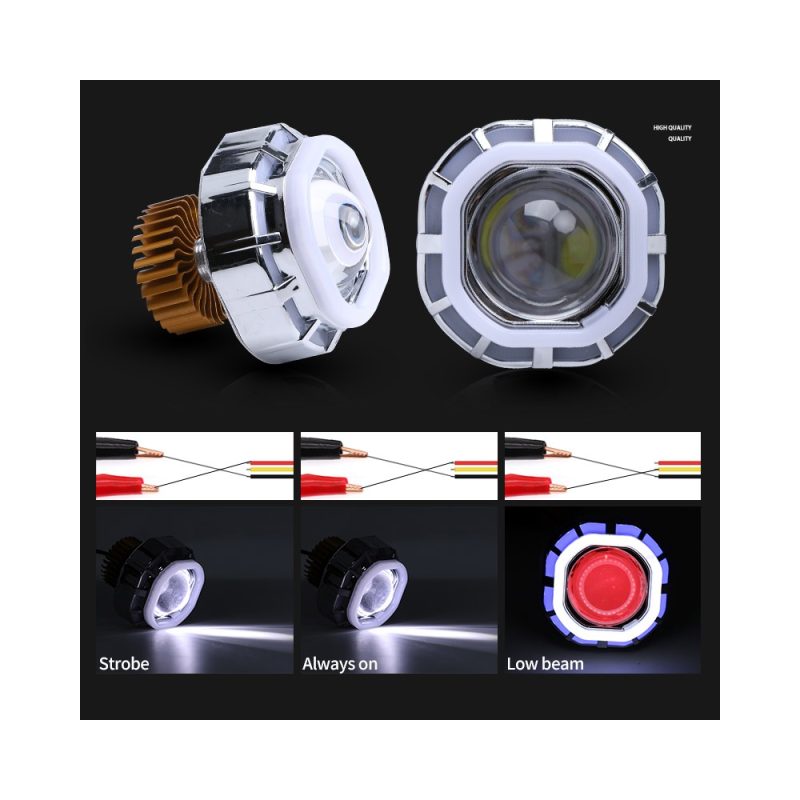 Two Color Angel Devil Eye Led Projector Lens Lighting Functions Source function graphic showing strobe, always-on, low-beam, and wiring references.