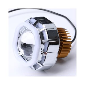 Two Color Angel Devil Eye Led Projector Lens Side Heatsink Angled body and heat-sink reference showing the silver housing direction.