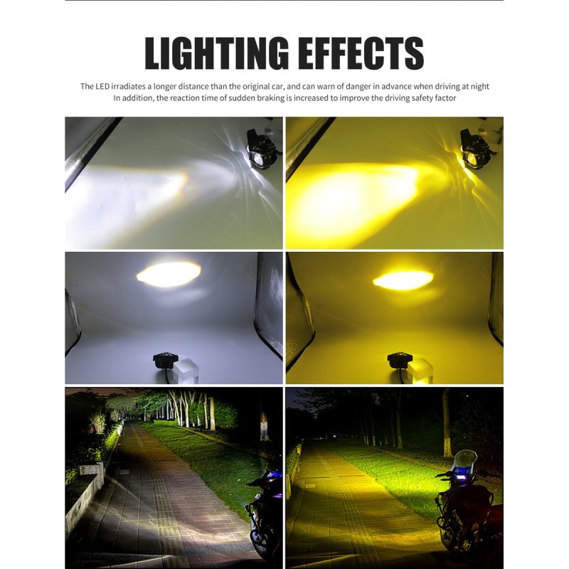 Two Color Owl Led Motorcycle Spotlight Lighting Effects Lighting-effect reference showing white, yellow, and mixed output examples from the supplied image.