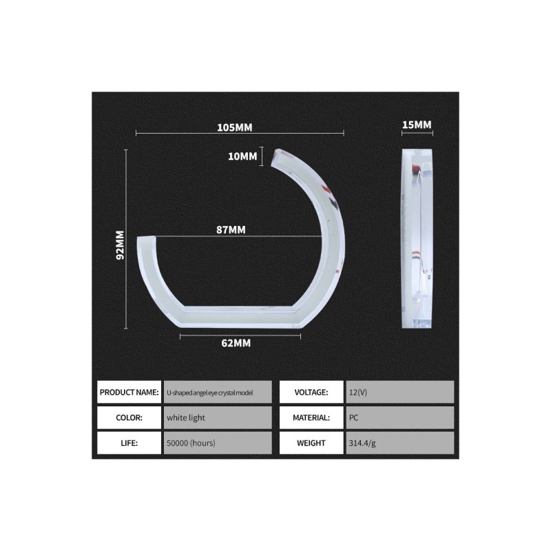 U Shaped Crystal Angel Eyes White 105 128Mm Kit 05 U Crystal White Dimension Dimension reference for U-shaped crystal angel eyes white kit