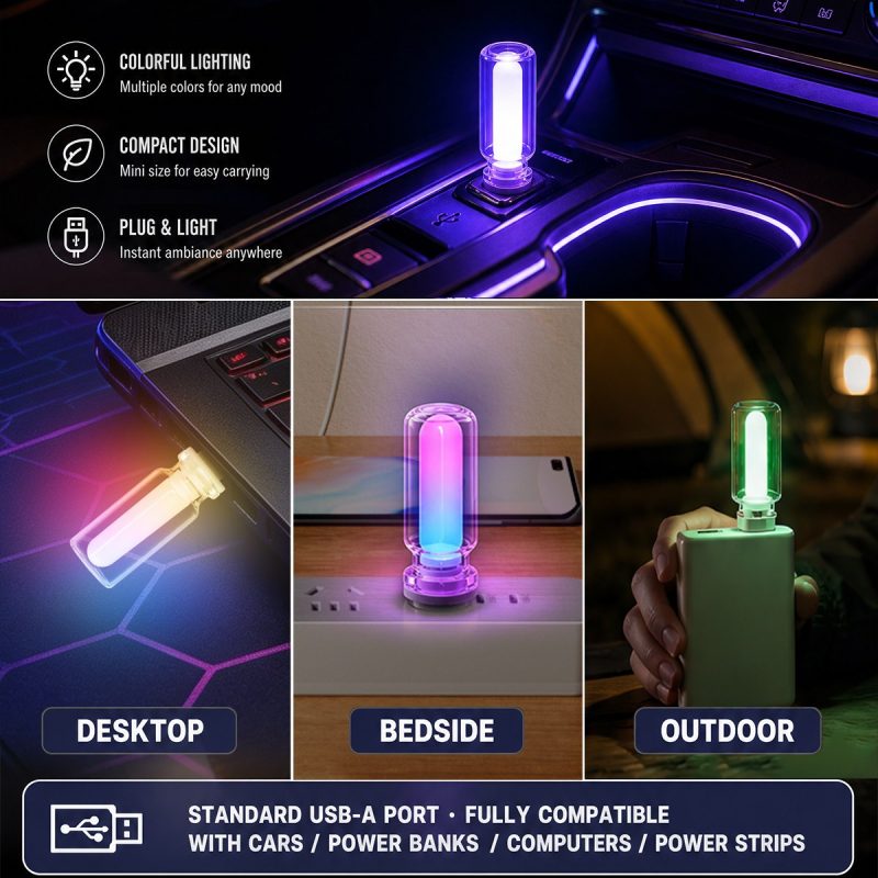 Usage graphic showing car USB port, desktop, bedside, outdoor, and USB-A compatibility references.