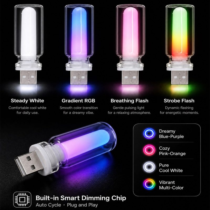Mode reference showing steady white, gradient RGB, breathing flash, and strobe flash.