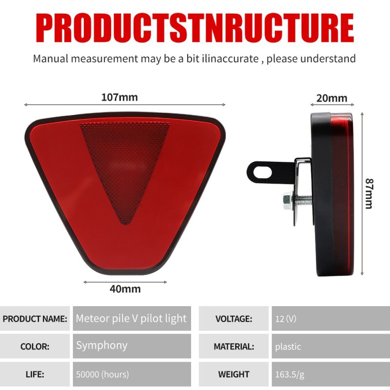 Source specification graphic listing 12V, symphony color, plastic material, 50,000-hour life, 163.5g weight, and size references.