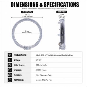Dimensions and specification reference showing 100 mm outer diameter, 88 mm inner diameter, 12 mm thickness, DC 12V, RGB multicolor, and PC plus alumi