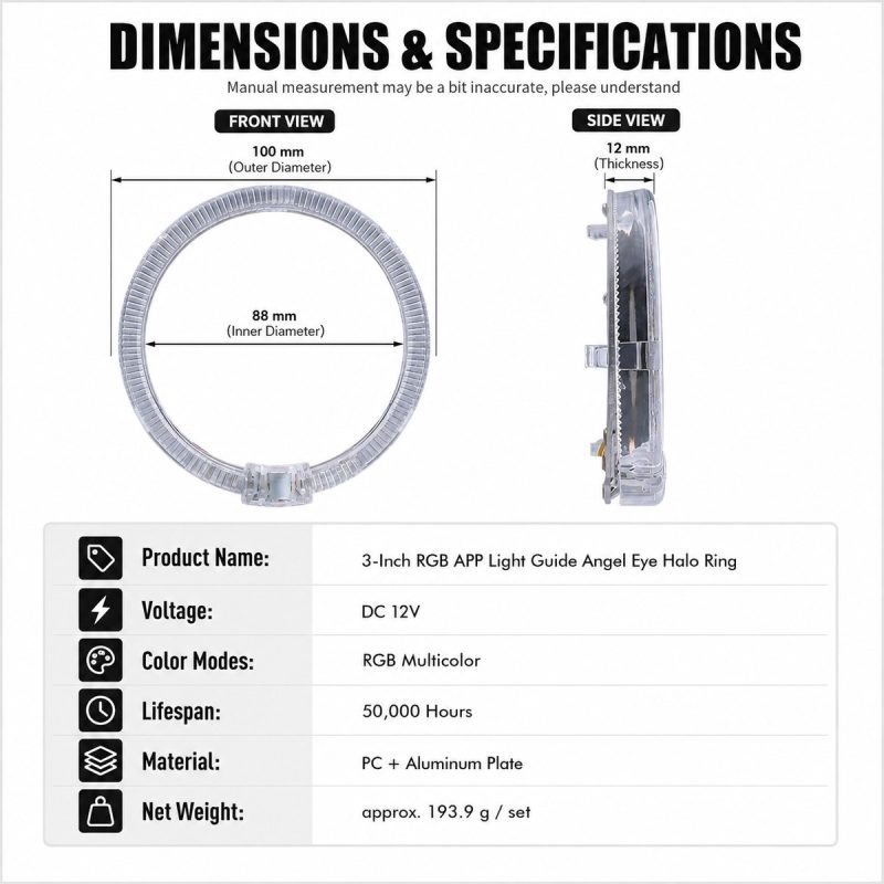 Dimensions and specification reference showing 100 mm outer diameter, 88 mm inner diameter, 12 mm thickness, DC 12V, RGB multicolor, and PC plus alumi