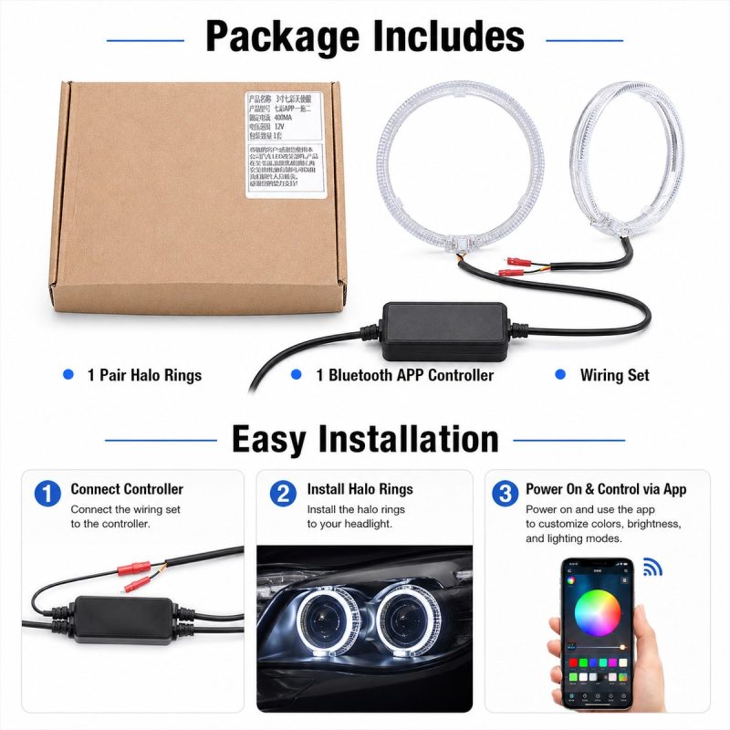 Package and installation reference showing one pair halo rings, Bluetooth APP controller, and wiring set.