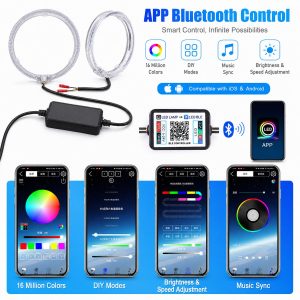 APP Bluetooth control reference showing color, mode, music sync, brightness, and speed adjustment directions.