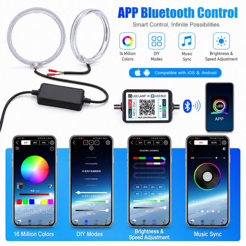 APP Bluetooth control reference showing color, mode, music sync, brightness, and speed adjustment directions.