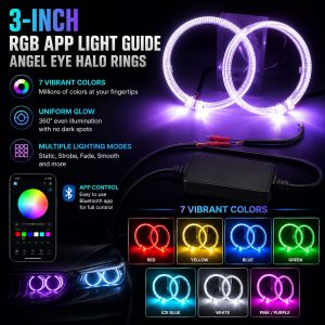 English feature overview showing RGB APP light guide angel eye halo rings and seven color reference.