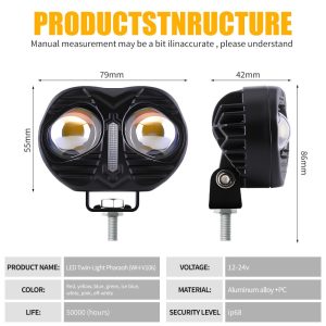 Wh V106 Dual Lamp Motorcycle Led Spotlight Dimensions Dimension and source-spec reference image; confirm final drawing before quotation.