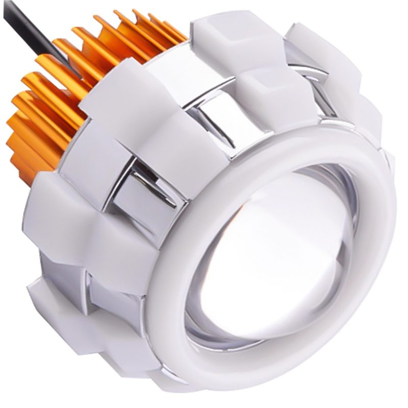 Whirlwind Double Angel Eye Headlight Lens Angled View Angled product reference showing the front lens and white housing.