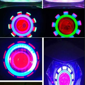Whirlwind Double Angel Eye Headlight Lens Lighting Effect Display Lighting-effect display showing multi-color angel-eye and devil-eye references.