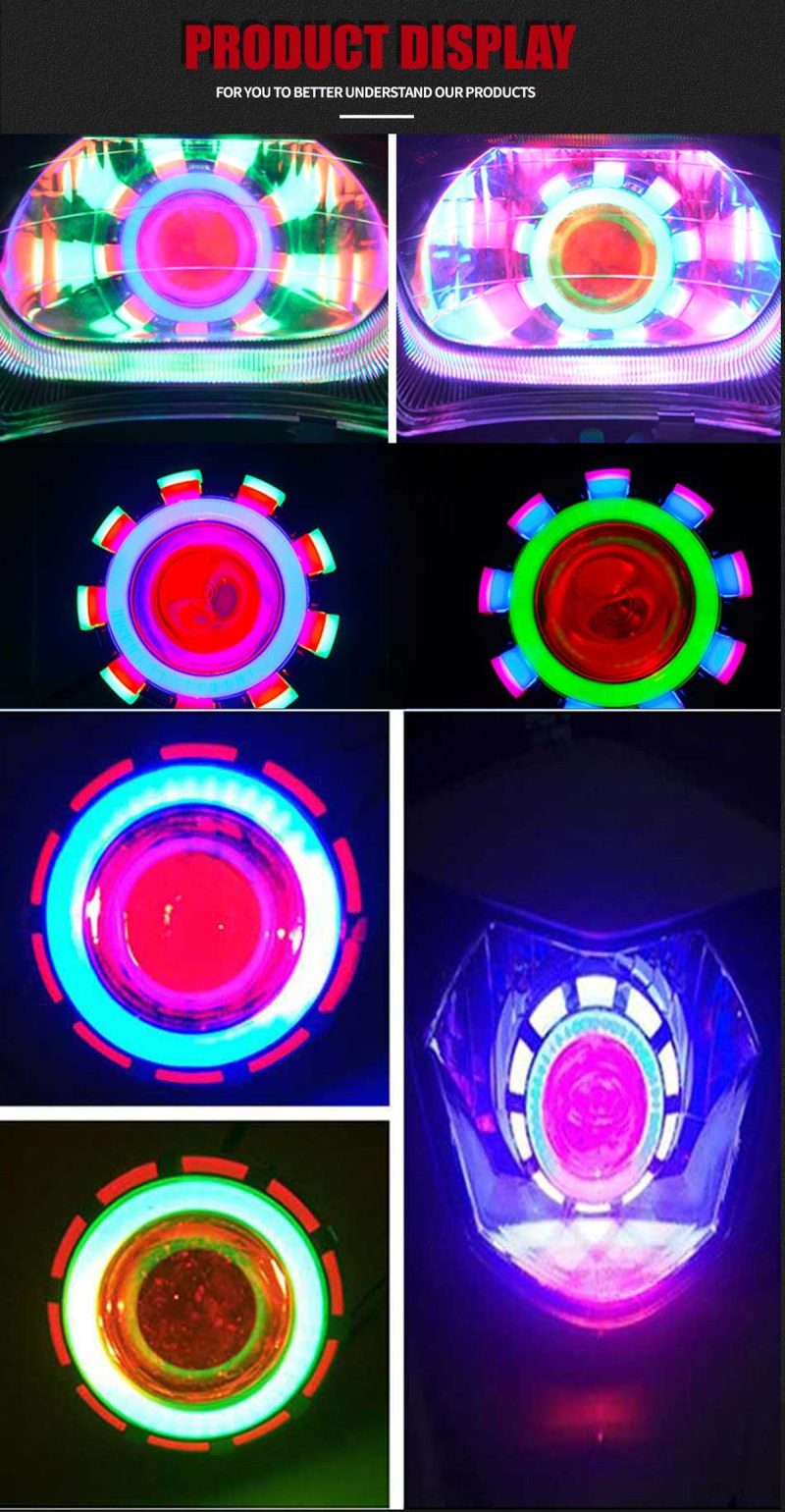 Whirlwind Double Angel Eye Headlight Lens Lighting Effect Display Lighting-effect display showing multi-color angel-eye and devil-eye references.