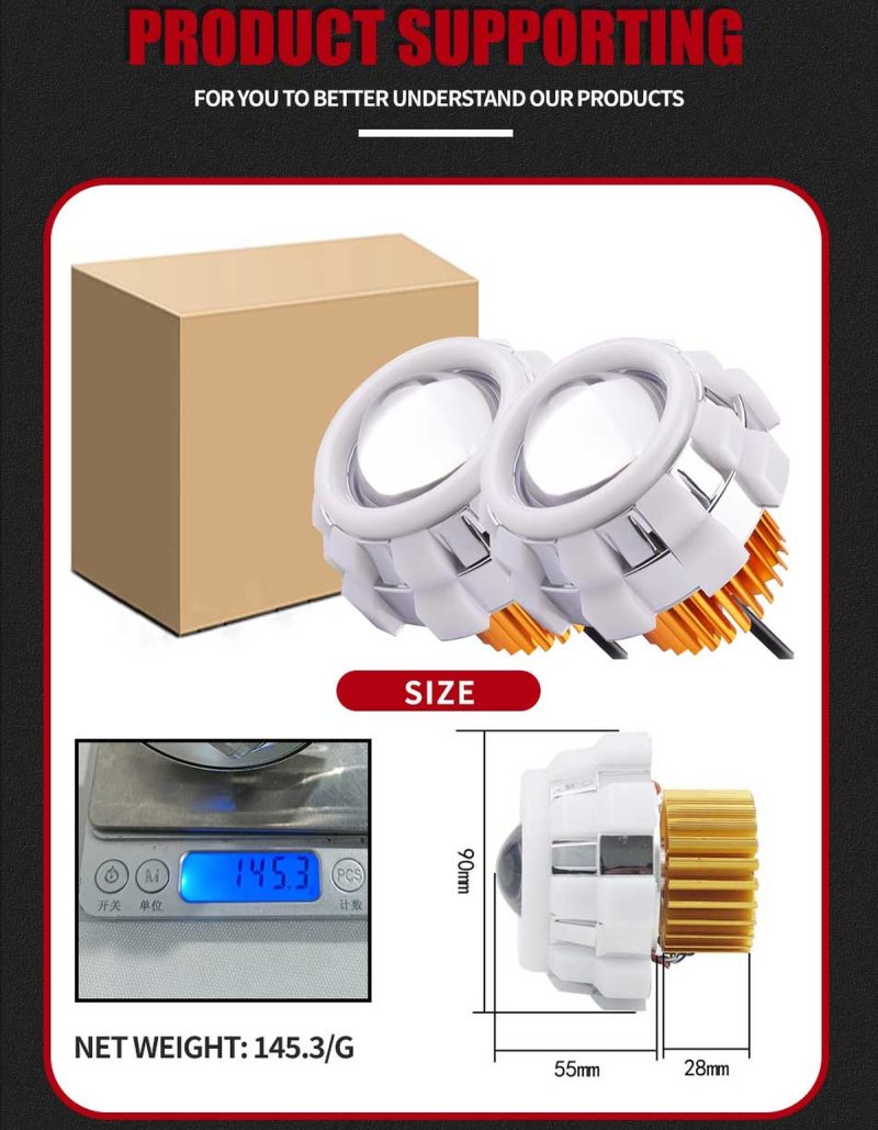 Whirlwind Double Angel Eye Headlight Lens Size Weight Reference Size and net-weight reference from the supplied detail image.