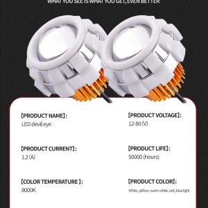 Whirlwind Double Angel Eye Led Devil Eye Product Information Product information graphic showing voltage, current, color temperature, material, and light source references.