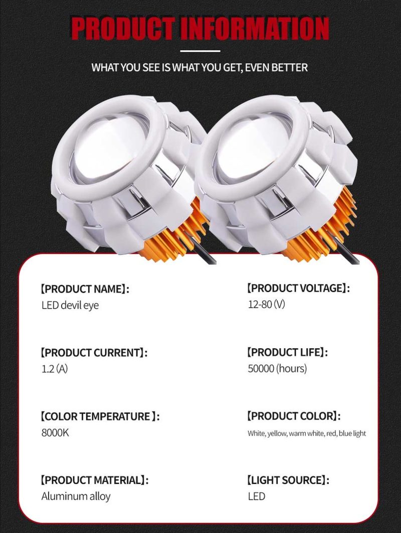 Whirlwind Double Angel Eye Led Devil Eye Product Information Product information graphic showing voltage, current, color temperature, material, and light source references.