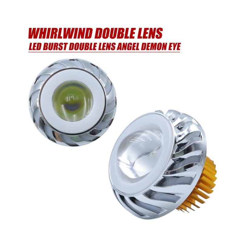 Whirlwind Double Lens Angel Demon Eye Projector Detail Reference Component detail reference showing lens, housing, rear heat-sink, and application-light sample views.