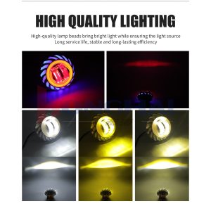 Whirlwind Double Lens Angel Demon Eye Projector Lighting Reference Lighting reference graphic showing color and beam examples from the supplied material.