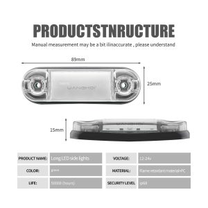 White Long Led Truck Side Marker Light 12V 24V Ip68 05 Source Structure Specification Source structure image with voltage, material, IP68, lifetime, and dimension references.