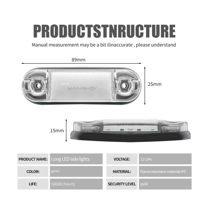 White Long Led Truck Side Marker Light 12V 24V Ip68 05 Source Structure Specification Source structure image with voltage, material, IP68, lifetime, and dimension references.