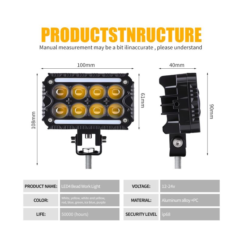 Whv103 Colorful Led Work Light Dimensions Specs Source specification graphic showing 12-24V voltage, aluminum alloy + PC material, IP68 source wording, color references, life reference, and dimensio