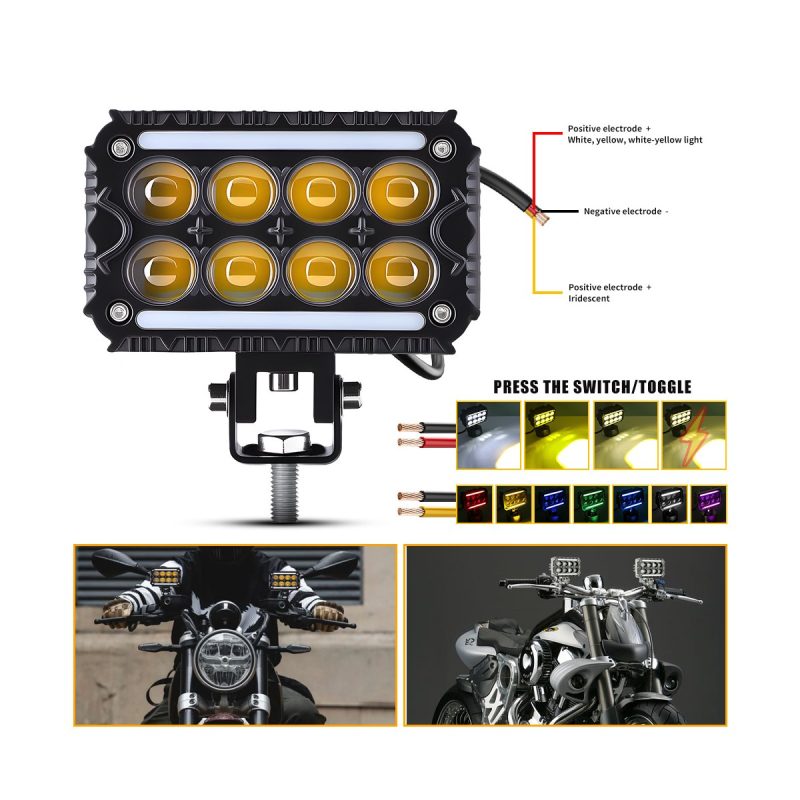 Whv103 Colorful Led Work Light Wiring Modes Source graphic showing red, black, and yellow wire references plus white, yellow, white-yellow, and colorful lighting mode examples.