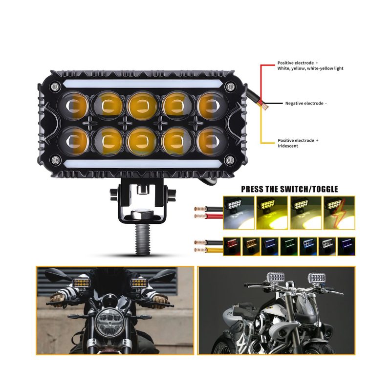 Whv104 Colorful Led Work Light Wiring Modes Source graphic showing red, black, and yellow wire references plus white, yellow, white-yellow, and colorful lighting mode examples.