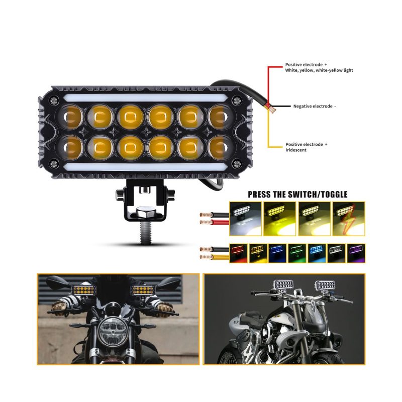 Whv105 Colorful Led Work Light Wiring Modes Source graphic showing red, black, and yellow wire references plus white, yellow, white-yellow, and colorful lighting mode examples.