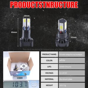Wide Voltage Led Motorcycle Headlight Bulb Dimensions Specs Source structure/spec graphic showing 12-24V, white light, aluminum plate, 103.7g, and 65mm/18mm/32mm references.